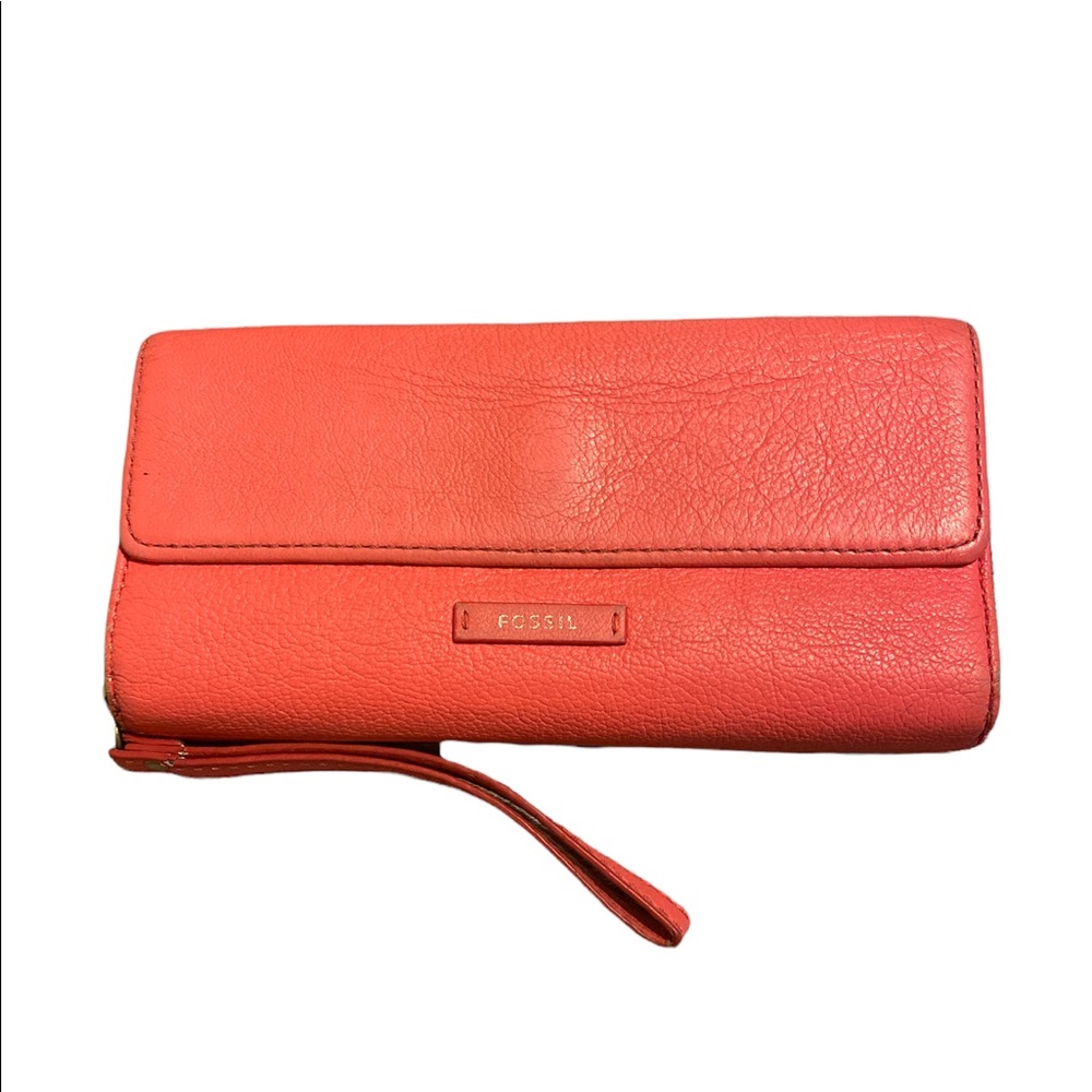 Neon pink orange fossil trifold wallet